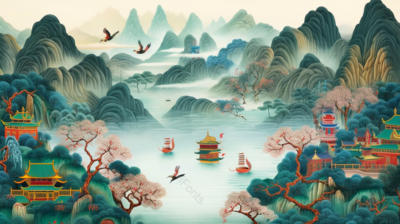 国潮风黄鹤楼地标建筑山水林木飞鸟飞过山清水秀插画,插画/手绘图,插画/手绘图库,插画/手绘图下载,插画/手绘